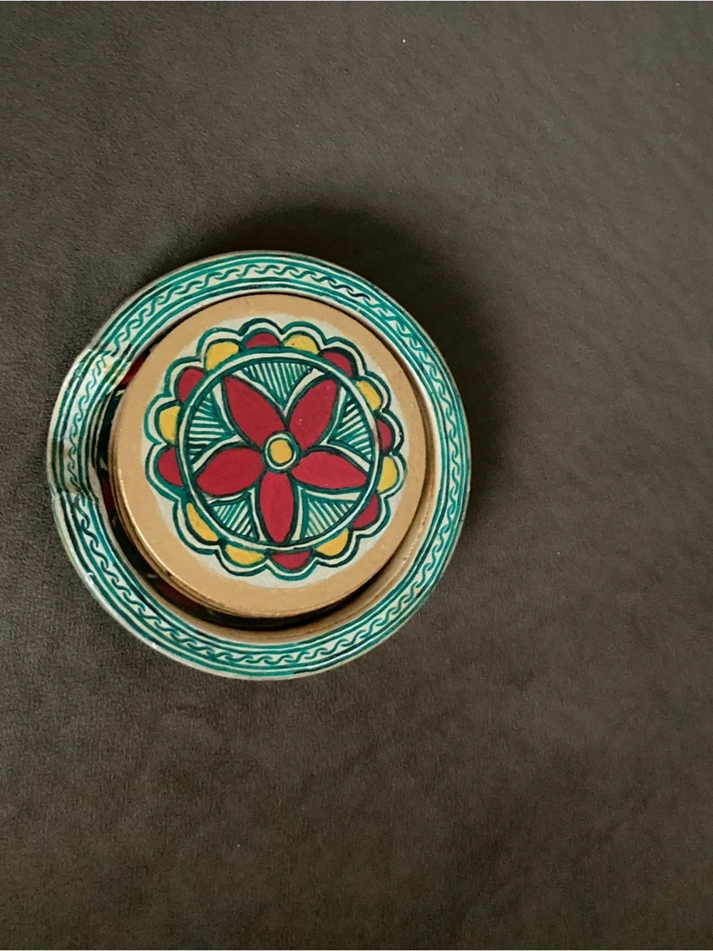 Hand-Painted Ceramic Trinket Dish in Teal, Red & Yellow
